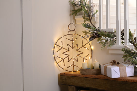 Twinkling Gold Snowflake Bauble Warm White LEDs 49cm - Battery Operated - Timer