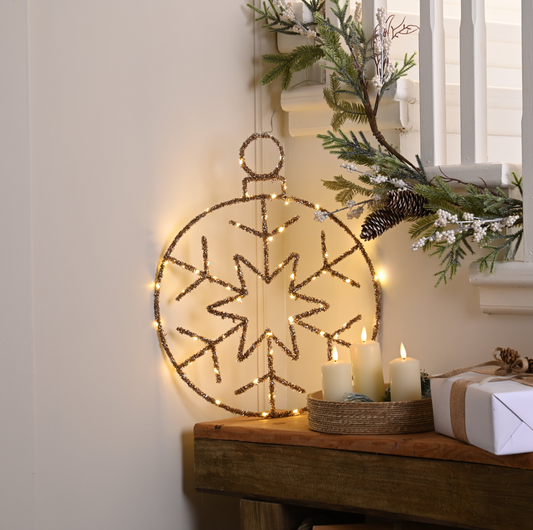 Twinkling Gold Snowflake Bauble Warm White LEDs 49cm - Battery Operated - Timer
