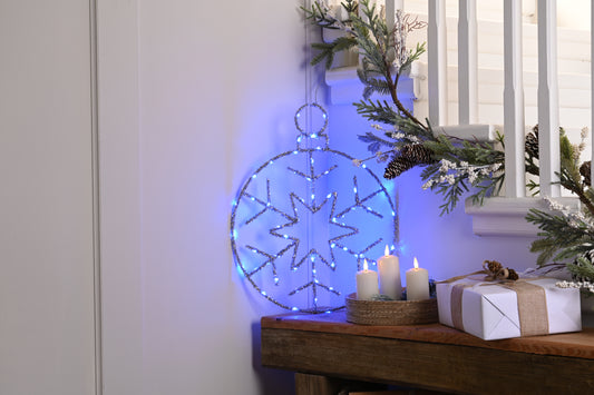 Twinkling Silver Snowflake in Bauble with Blue LEDs 49cm - Battery Operated - Timer
