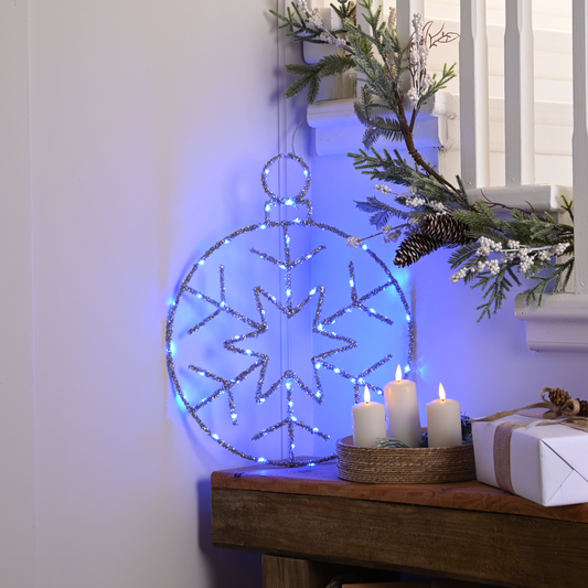 Twinkling Silver Snowflake in Bauble with Blue LEDs 49cm - Battery Operated - Timer