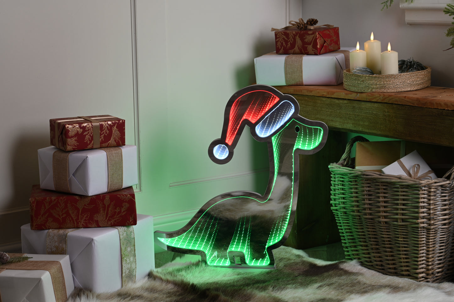 40cm Cute Dinosaur Infinity Light with Santa Hat - Timer Function - Christmas Decoration