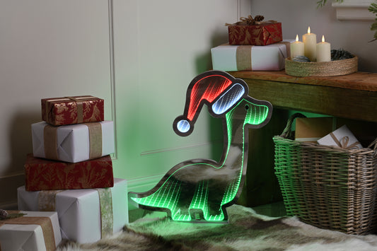 40cm Cute Dinosaur Infinity Light with Santa Hat - Timer Function - Christmas Decoration