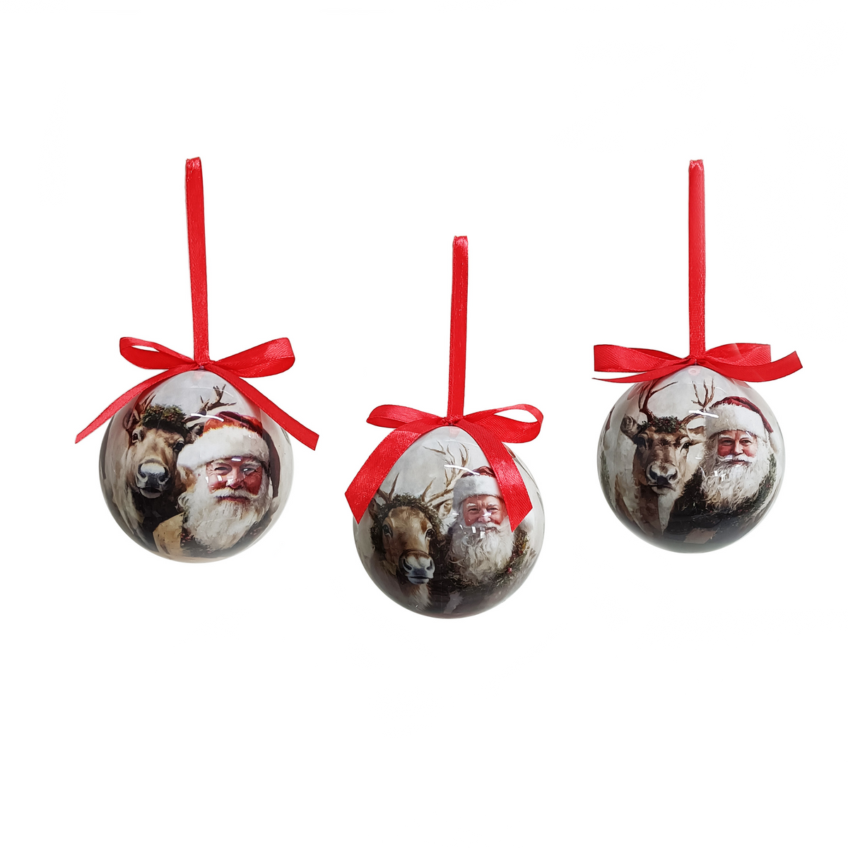 Santa and Reindeer Decoupage Baubles 7.5cm Box of 6 Vintage Style