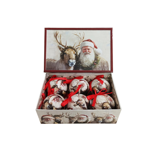 Santa and Reindeer Decoupage Baubles 7.5cm Box of 6 Vintage Style