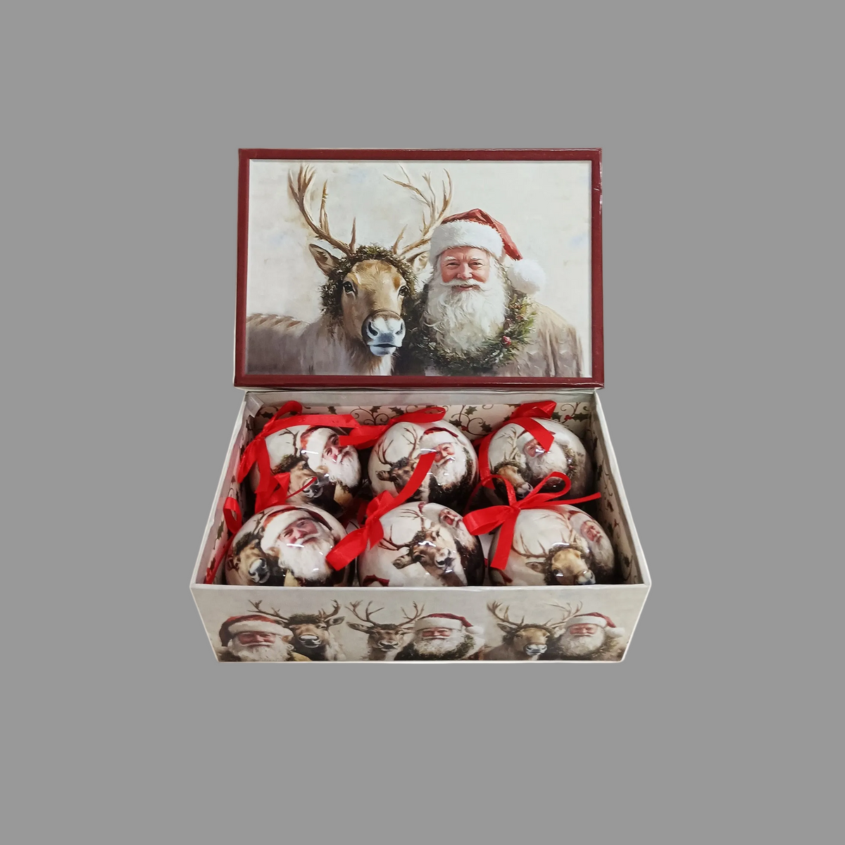 Santa and Reindeer Decoupage Baubles 7.5cm Box of 6 Vintage Style