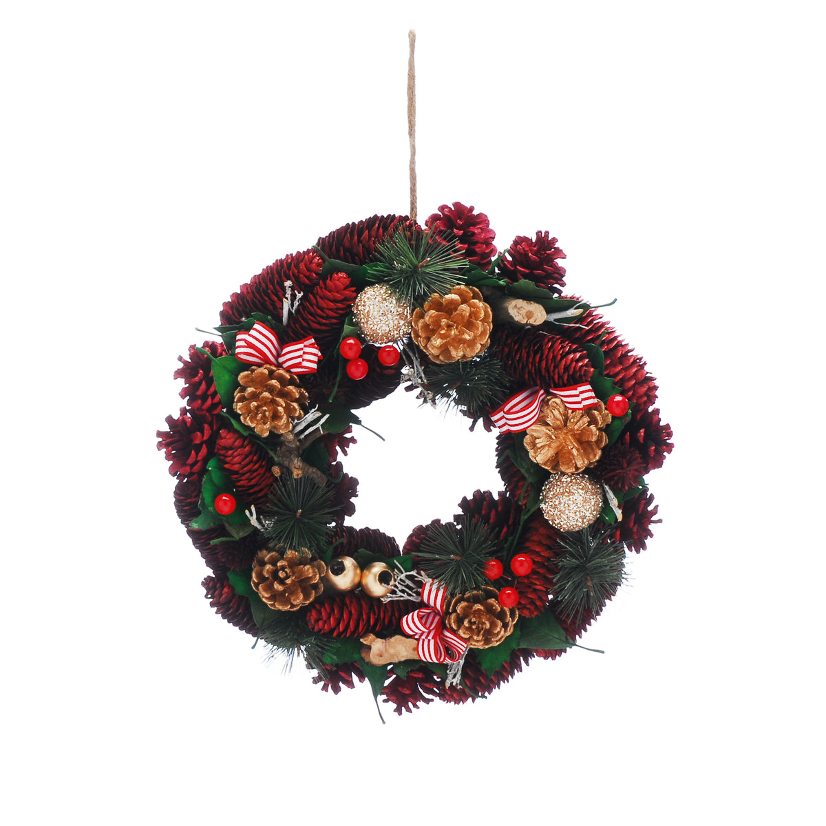 36cm Christmas Wreath Red and Gold Pinecones, Gold Baubles and Striped Ribbon