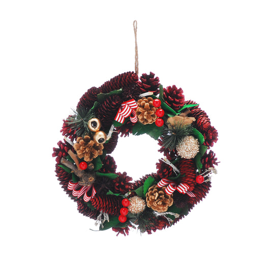 30cm Red and Gold Pinecones, Gold Baubles and Striped Ribbon Christmas Wreath