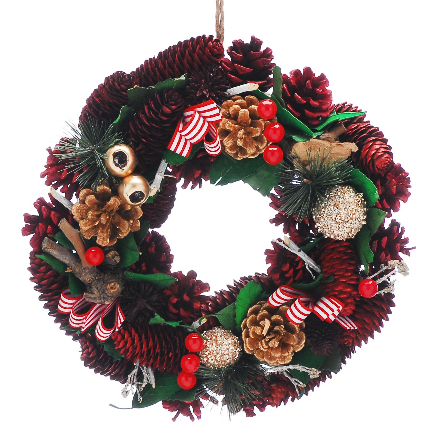 30cm Red and Gold Pinecones, Gold Baubles and Striped Ribbon Christmas Wreath