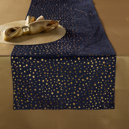 Walton and Co Christmas Table Runner Midnight Blue with Gold Stars 40cm x 200cm