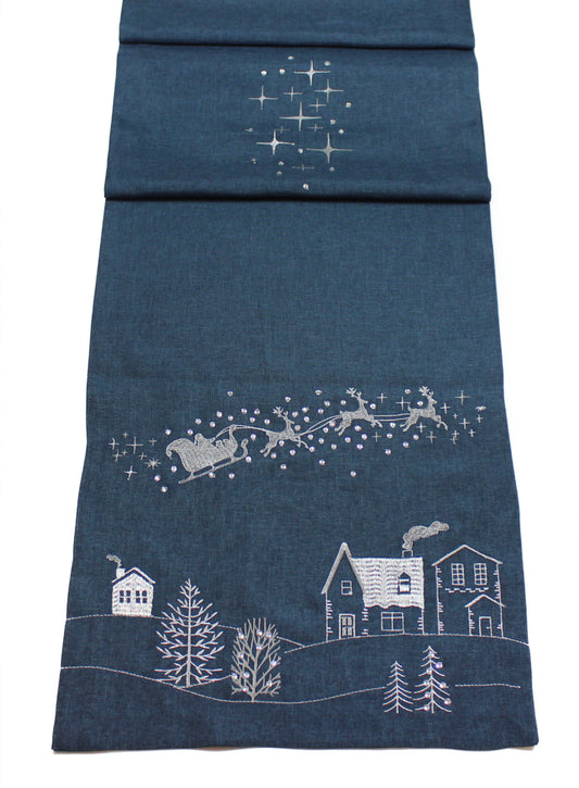 Peggy Wilkins Santa's Ride Christmas Table Runner Blue & Silver