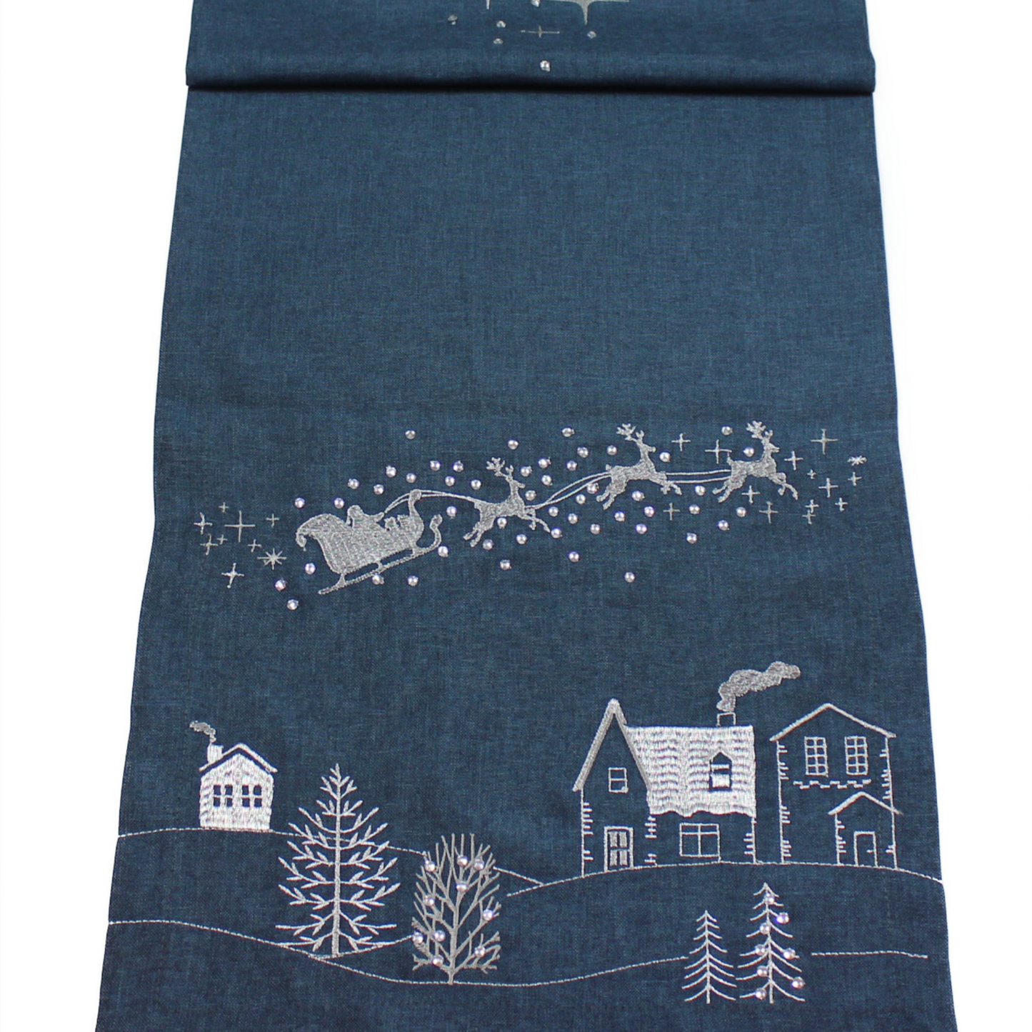 Peggy Wilkins Santa's Ride Christmas Table Runner Blue & Silver