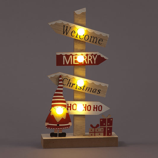 LED Wooden Gonk Merry Christmas Signpost Ornament with Glitter