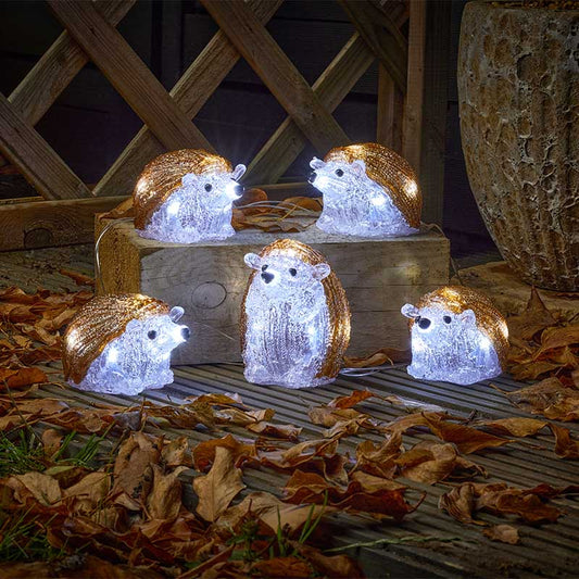 Acrylic Lit Hedgehogs Indoor Outdoor Battery Powered with Timer Set of 5