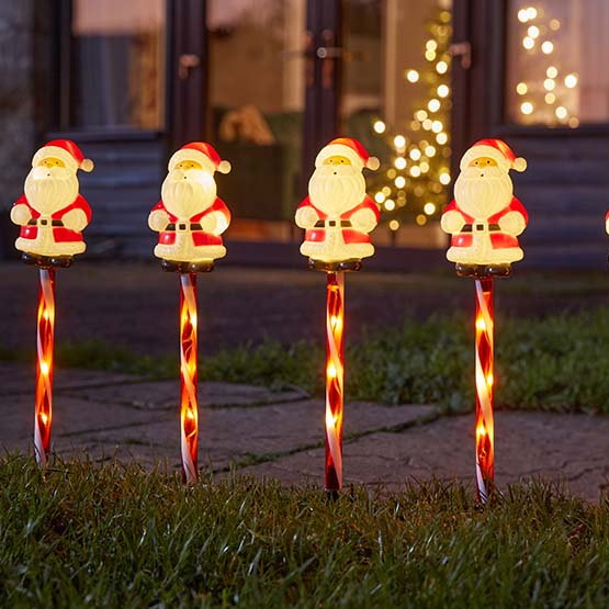 Santa Stake Lights Battery Operated Timer Multifunction Set of 6
